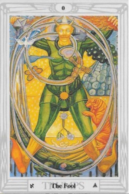 the fool card from the Thoth Tarot deck, rendered in a distinctive symbolist style